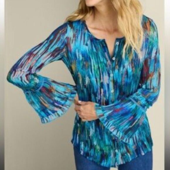 Soft Surroundings Amelie Top Long Bell Sleeves Sheer Blue Abstract Women Medium - Picture 7 of 8